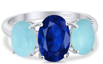 3-Stone Oval Simulated Larimar Center Stone Blue Sapphire Fashion Ring 925 Sterling Silver